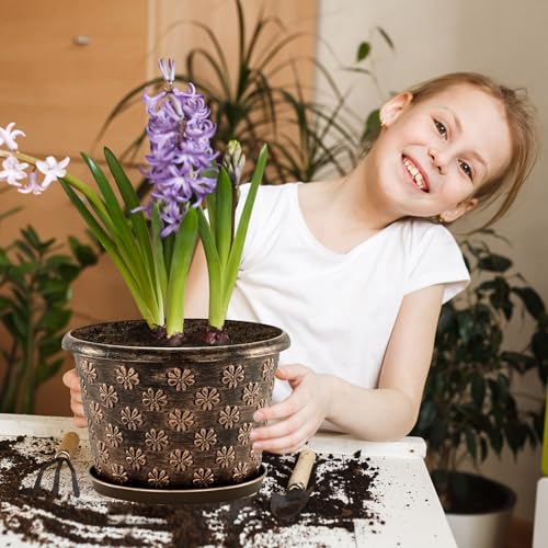 10 Inch Planter Pots for Plants, 4 Pack Plastic Large Flower Pots Indoor Outdoor, Resin Plant Pot with Drainage & Saucer, Retro Decorative Garden Pot with Removable Trays for House - Image 3