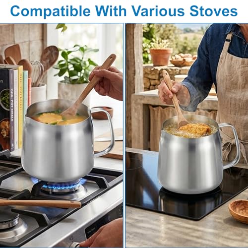Image of 68oz Stainless Steel Oil Filter Pot with Deep Fryer Basket & Oil Strainer, 304 Food Grade Deep Fryer, Bacon Grease Saver Container for Kitchen Cooking & Camping Japanese Tempura Fryer Pot (2L)