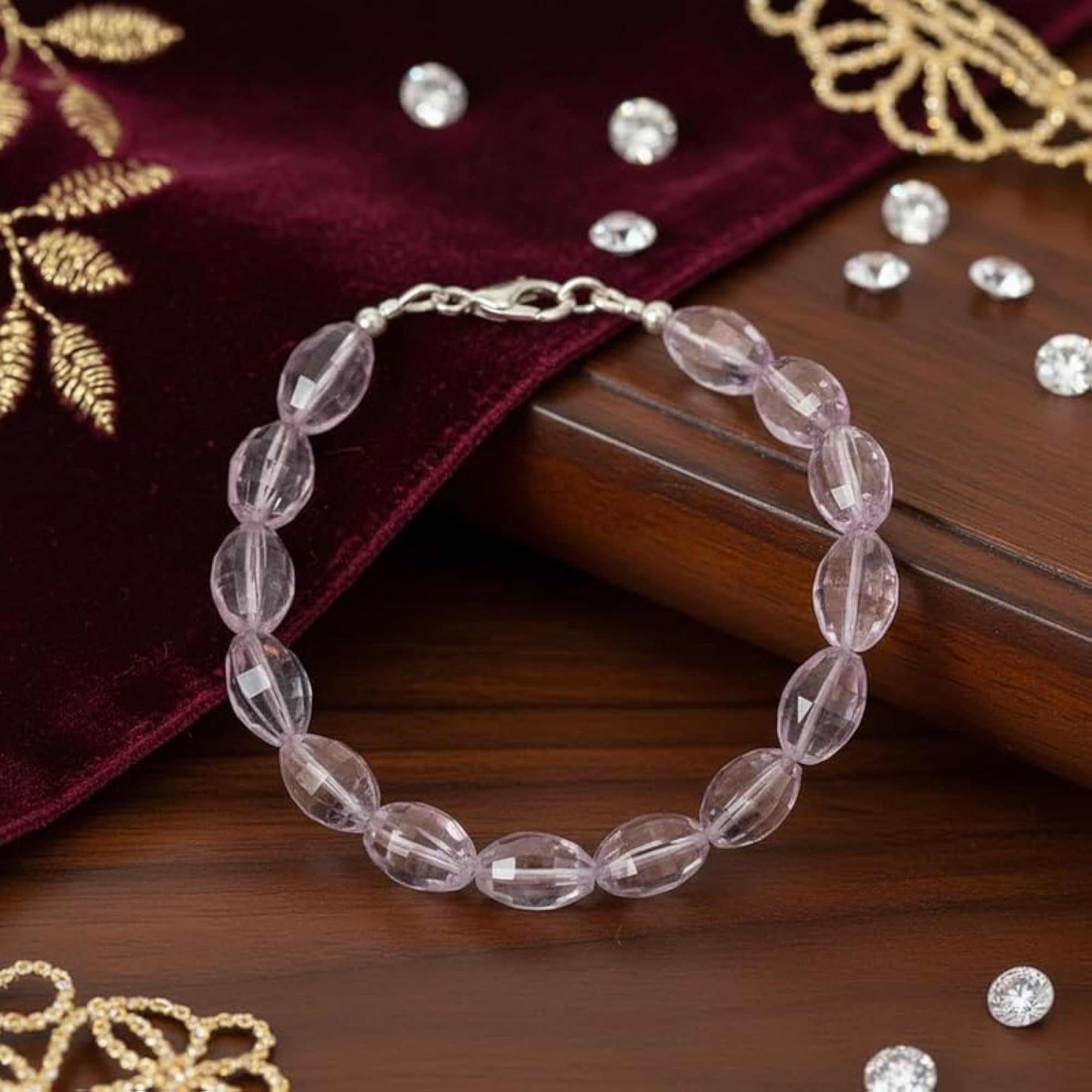 Natural Pink Amethyst Gemstone Link Bracelet, Handmade Stacking Wristband