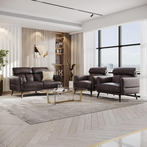 Image of Wakefit 4 Seater Sofa Set | 5 Year Warranty | Modern Brown Leatherette Sofa, 2+1+1 Seater - Azores(Robin : Brown), L 1.5 m x W 90 cm x H 91 cm