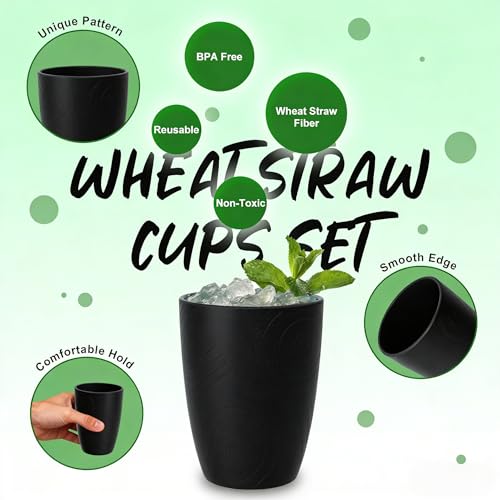 Image of Plastic Black Drinking Cups Set of 6, 12 OZ Reusable Cups for Kids | Unbreakable and Stackable Wheat Straw Cups for Family Drinks, Kitchen, Picnic, Camping