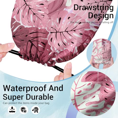Image of Drawstring Storage Bag Palm Leaf Pink Gym Bags for Beach Cloth Shoes Toiletries