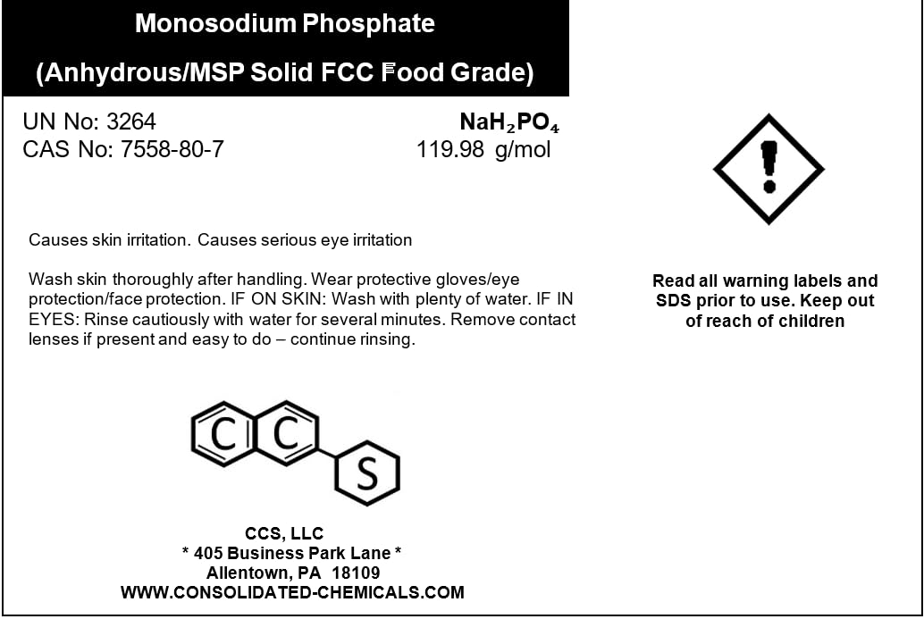 Monosodium Phosphate Anhydrous (MSP) Solid - FCC Food Grade | pH Buffer, Emulsifier, and Food Additive for Various Applications (1000 Grams)