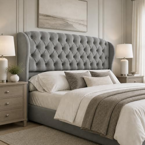 Image of AMERLIFE Full /Queen Headboard Only, Velvet Upholstered Wingback, Grey