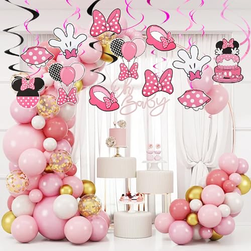 Image of Pre-Strung Black Pink Birthday Hanging Swirl Decorations,Mouse Birthday Party Ceiling Streamers,Pink Mouse Theme Party Supplies,Party Favors for Girls Kids(38 Pcs)