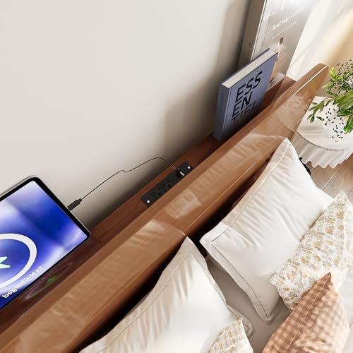 Image of Bellemave Queen Size Bamboo Bed Frame with Headboard,Bamboo Floating Platform Bed Frame Queen Size with Charging Station and Wood Slats,Easy Assembly,Warm Brown