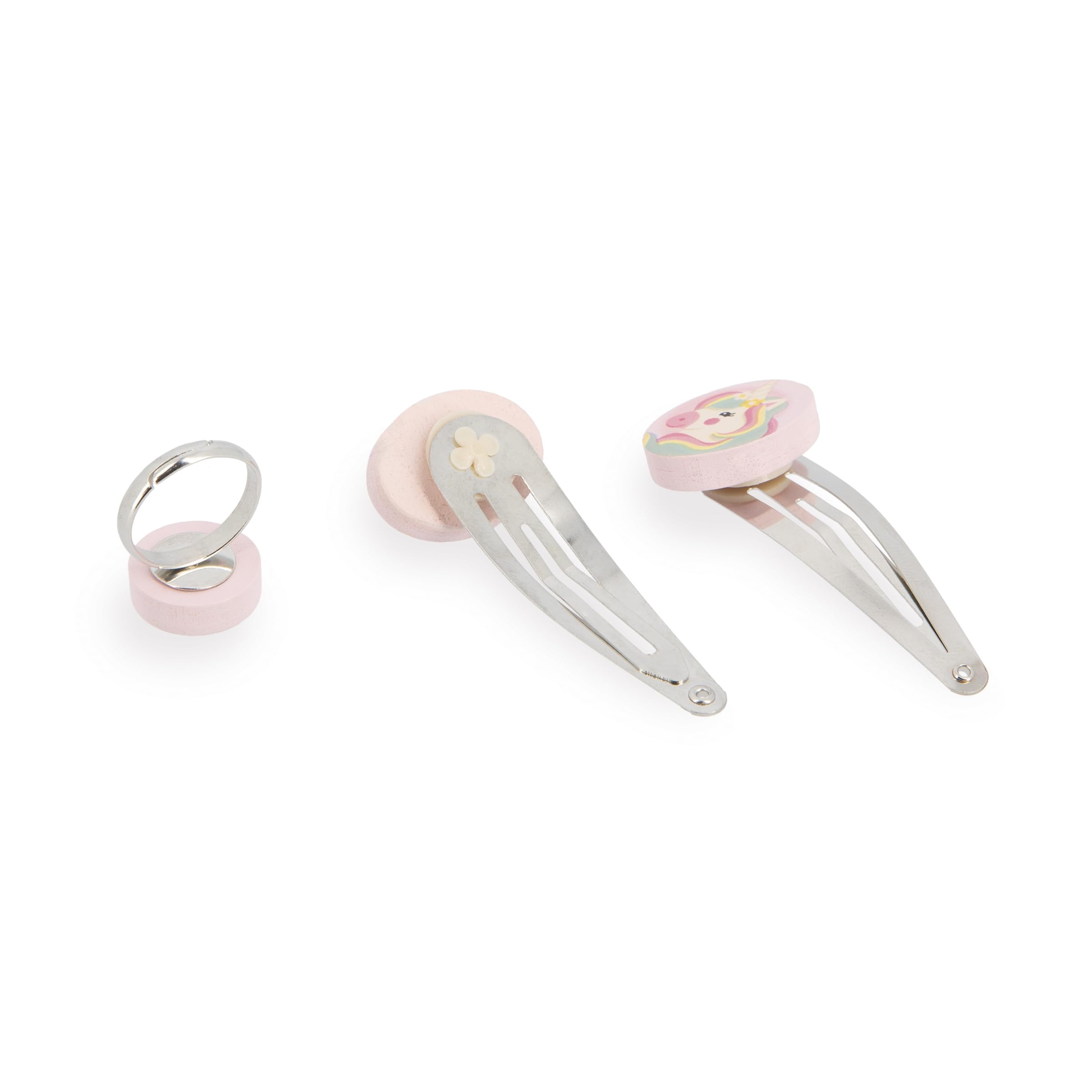 Janod Set de 5 Joyas de Madera Unicornios - 1 Collar, 1 Pulsera, 1 Anillo y 2 Clips - Joyas de Madera y Metal FSC - Accesorio de Moda - A Partir de 3 Años - J08880