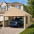 12x20 FT Heavy Duty Carport Canopy, All-Weather Vehicle Shelter with Roll-up Ventilation Windows & Removable Sidewalls, Portable Garage for SUV, Truck, Boat, Khaki