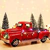 AerWo Christmas Farmhouse Red Truck Decor LED String Lights Vintage Red Metal Pickup Truck Car Model with Mini Christmas Trees Ornaments for Christmas Decorations and Table Top Decor