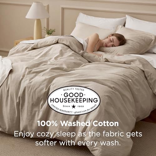 Image of Bedsure 100% Washed Cotton Duvet Cover Twin - Frosted Almond Minimalist Bedding Set Linen Like - PureWoven Plain Simple & Soft Comforter Cover for All Seasons (Frosted Almond, Twin, 68 inchx90 inch)