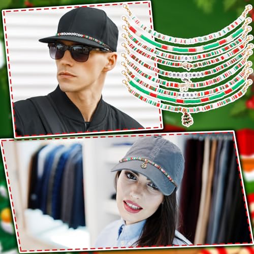 Image of Geyoga 9 Pcs Christmas Trucker Hat Chains Red Green Trucker Hat Charms Christmas Women Man Bill Decoration Detachable DIY Metal Chain for Xmas Mesh Baseball Cap