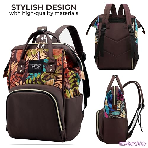 Image of BEMBIKA Diaper Bags for Mom and Dad, Diaper Bags for mom and Baby, Mummy Bag for Multi-Function Waterproof and Large Capacity Printed Leaf Design