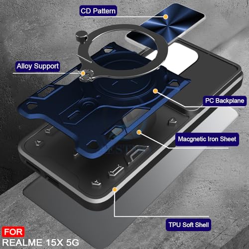 Image of AESTMO Armor realme 15X 5g / C85 5g Bumper Back Case Cover | Ring Holder & CD Pattern Sliding Camera Shutter Cover | Back Case Cover for realme 15X 5g / C85 5g (Blue)