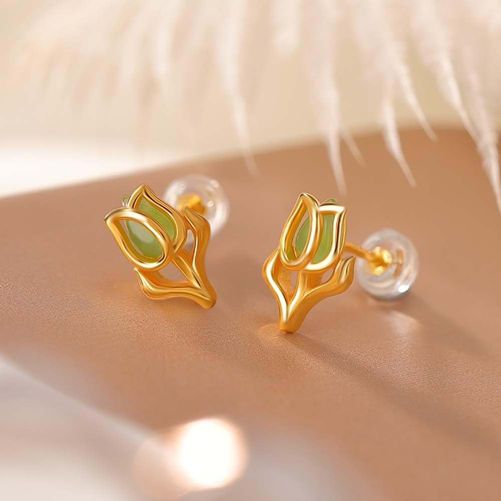 WBDWWTD Zierliche Rosen-Ohrstecker, grüne Jade-Ohrringe, Sterlingsilber für Frauen, Jade-Liebesschmuck, Gold