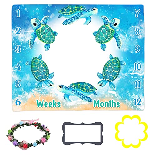Image of Baby Monthly Milestone Blanket, Blue Sea Turtle Baby Age Blanket Beach Photo Backdrop Baby Blanket, 48x40 Inch Blue Baby Growth Chart Memory Blanket BTLSLY373