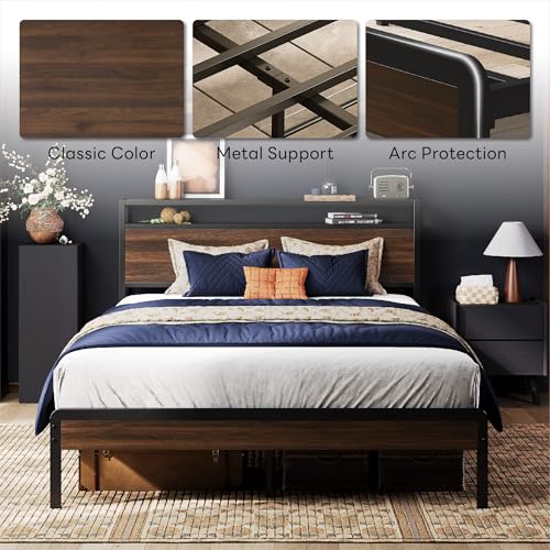 Image of LIKIMIO Full Bed Frame with Headboard, Dark Wood Camas Full with Strong Supports, Sturdy, Noise-Free, No Box Spring Needed, Dark Walnut