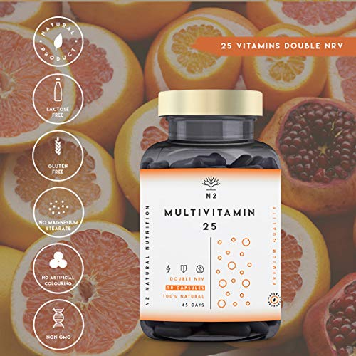 Multivitamin Kapseln. 25 Vitamine (C B1 B D E) und Mineralien (Zink Magnesium Kalzium). HOCHDOSIERT 200% von Empfohlenen Tageswert. Vitamin a-z, Vitality, Premium.90 kapseln N2 Natural Nutrition – Bild 3