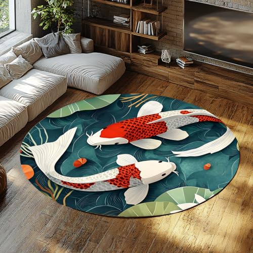 Tapis rond carpes koï rouge et blanc 150cm style chinois lavable