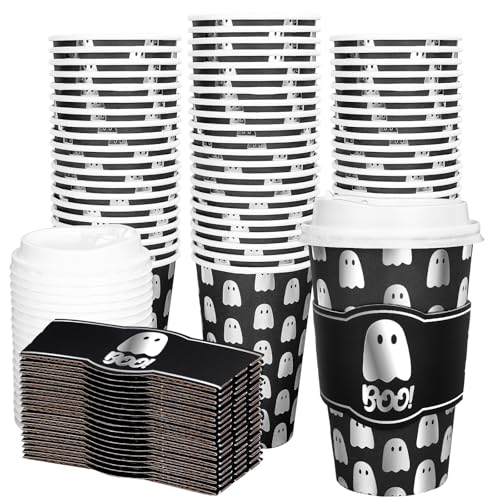 Whaline 50Pcs 16Oz Halloween Disposable Coffee Cups with Lids and Sleeves Spooky Foil Silver Ghost Boo Paper Drinking Cup for Trick or Treat Birthday Party Supplies