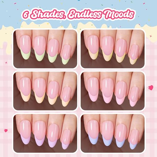 Image of Beetles French Tips Press On Nails, Pastel Spring Nails Medium Almond 6 Colors 192 Pcs, Spring Fake Nail Tips, Pink Blue Green Soft Gel Nails False Nails Art DIY For Women