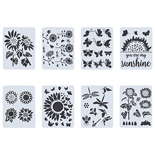 Juego de 8 plantillas de girasol, diseño de mariposas, abeja reutilizable plantilla de plástico inspiradora para pintar en madera, muebles, manualidades, suministros de decoración del hogar Cover