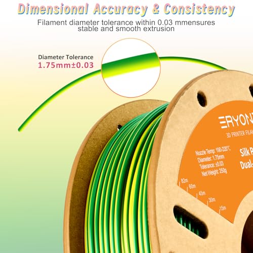 Image of ERYONE Silk Dual Color PLA Filament 3D Printer 1.75mm + /- 0.03mm, Bicolor Filament Two Tone PLA 250g(0.55lbs) Cardboard Spool, Yellow Green