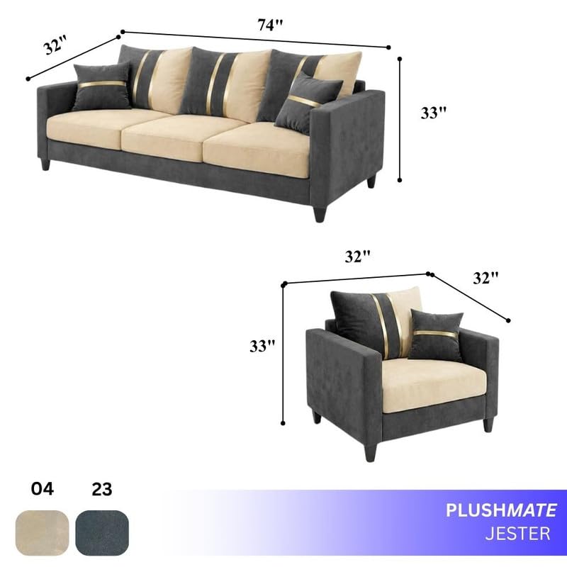 Image of Jester Plush Comfort Sofa Set | 3 Seater + 1 Seater + 1 Seater | Luxury Velvet Suede Fabric | Modern Living Room Sofa | Dark Gray - Cream