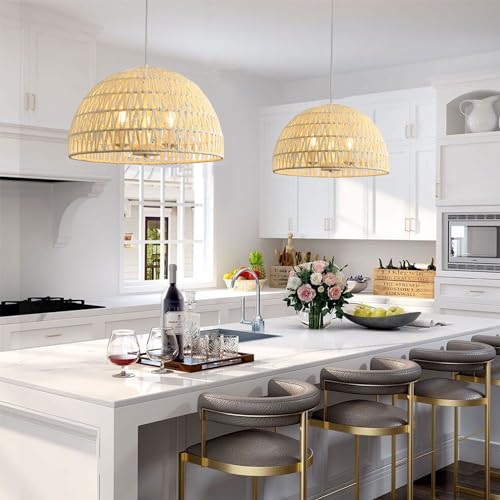 Rattan Farmhouse Chandelier Light Fixtures, 3-Lights Boho Large Rattan Pendant Light,Hand Woven Chandeliers for Dining Room,Rustic Chandeliers Hanging Light Fixtures for Kitchen Island Bedroom - Image 9