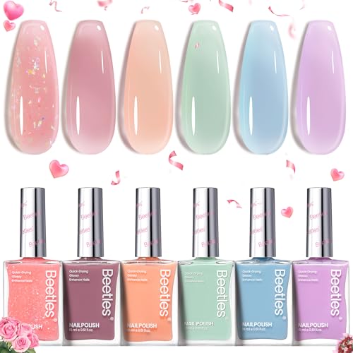 Image of Beetles Jelly Nail Polish Set, 6 Colors Clear Pastel Nail Polish Glitter Pink Dusty Rose Orange Green Blue Purple Long Lasting & Quick Dry Nail Strengthener Polish Gift Sets for Women
