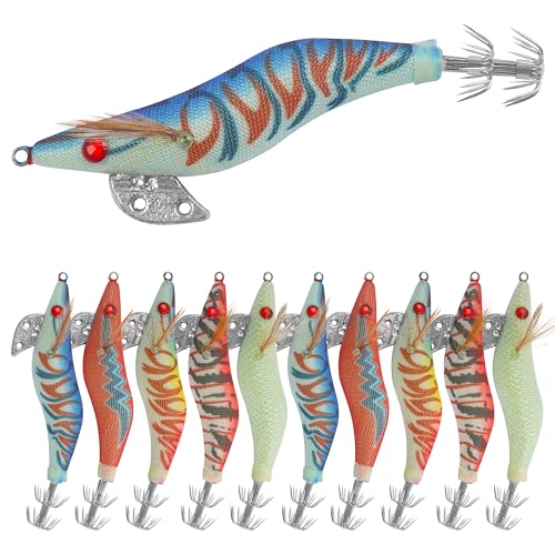 10 señuelos de pesca de camarones de madera, señuelo de calamar, señuelos artificiales Spinner, cebo kit Glow con ganchos afilados Tackle (2.5#-10pcs)