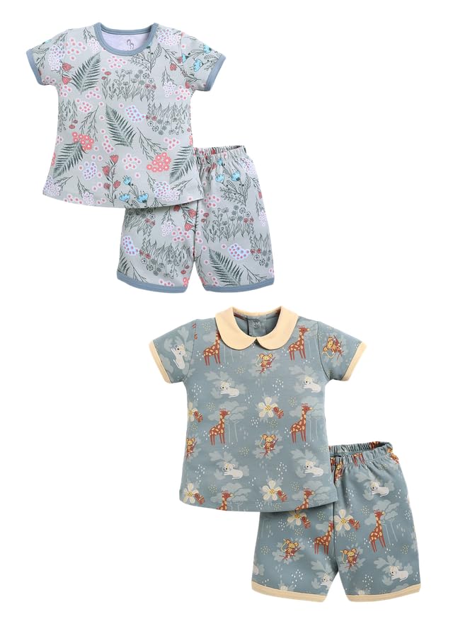 Image of BABY GO Baby Boys & Baby Girls Clothing Set | Summer Co-Ord Set for Baby | Printed 100% Cotton Half Sleeve T-Shirt & Shorts Combo | Soft Cotton Casual Wear Outfit for Infants & Toddlers Pack of 2