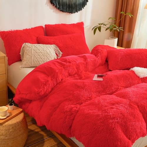 Plush Fluffy Red Comforter Cover Twin Set – Faux Fur Plush Red Bedding 2-Piece Set (1 Furry Duvet Cover + 1 Shaggy Pillow Sham) Cozy Bed Set