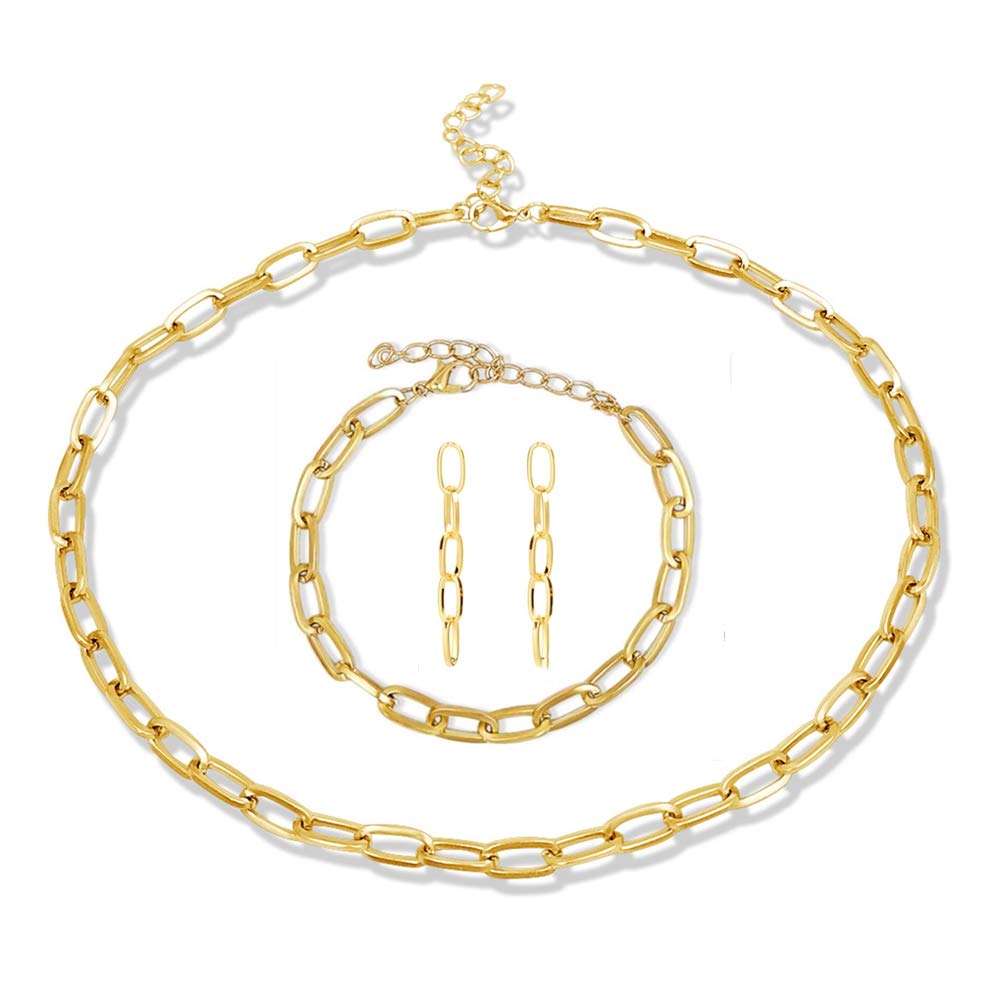 14K Gold Plated Paperclip Alloy Link Chain Choker Necklace Bracelet Earrings Set Punk Oval Dainty Chunky Chain Flat Link Costume Jewelry Set for Women