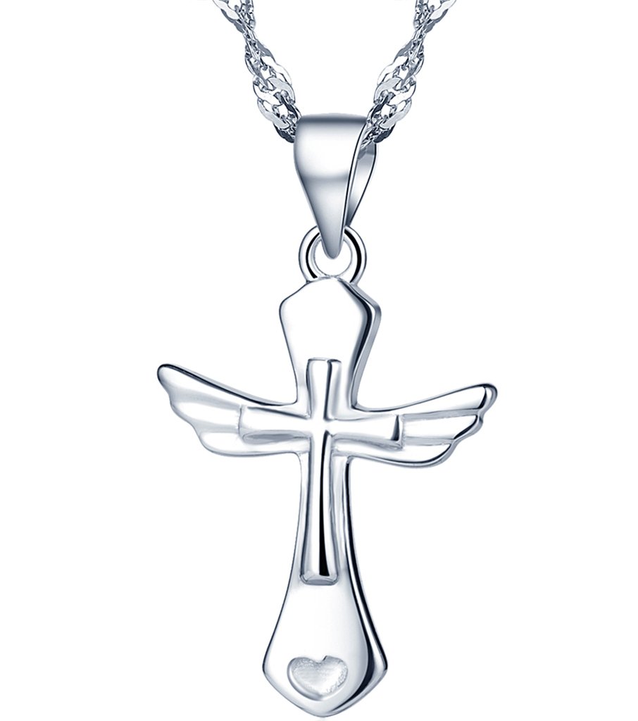 Yumilok Colgante de plata de ley 925 con forma de cruz, alas de ángel y corazón, collar con colgante para mujer y niña