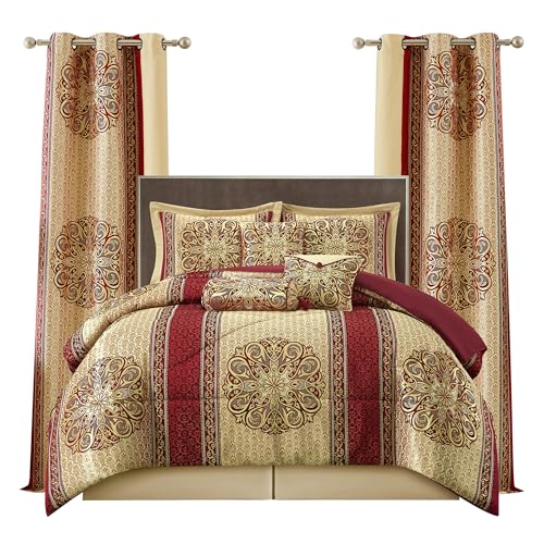 LANCO MODERN LIFESTYLE King Comforter Set, Wine Gold Medallion Jacquard Design, Luxurious Bohemian 9 Pieces Bedding Set with Curtains, Decorative Pillows and Bed Skirt