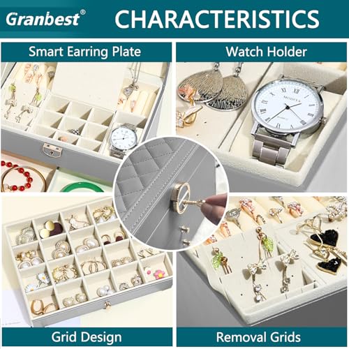 Granbest 3 Layers Jewellery Box with 2 Drawers, Elegant Jewellery Organiser, Leather Jewellery Storage Case Ideal for Necklaces, Bracelets, Rings and Earrings (Grey) - Cosy Home Interiors Granbest 3 Layers Jewellery Box with 2 Drawers, Elegant Jewellery Organiser, Leather Jewellery Storage Case Ideal for Necklaces, Bracelets, Rings and Earrings (Grey) - Image 3