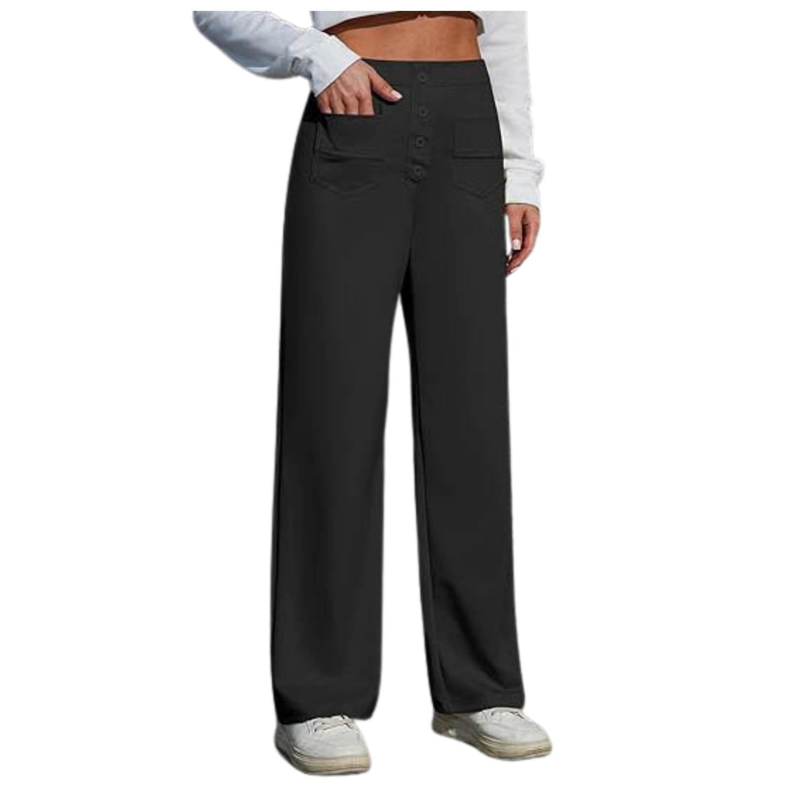 Womens Work Pants High Waisted Elastic Waistband Straight Wide Leg Button Down Dress Pants for Business Travel