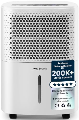 Pro Breeze Déshumidificateur d'Air Silencieux 12L/Jour - Absorbeur d'Humidité - 40 dB, Réservoir 1,8L, Drainage Continu, Minuterie 24h, 3 Modes- Idéal Contre l'Humidité & Moisissure