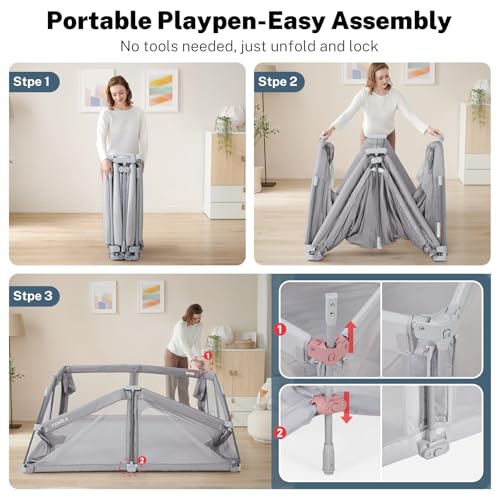 Image of Baby Playpen Portable, Pre-Assembled Play Pen 71x79 Large Foldable Playpen for Babies and Toddlers, Sturdy and Safe Toddler Play Yard Indoor Outdoor with Carry Bag,Light Grey