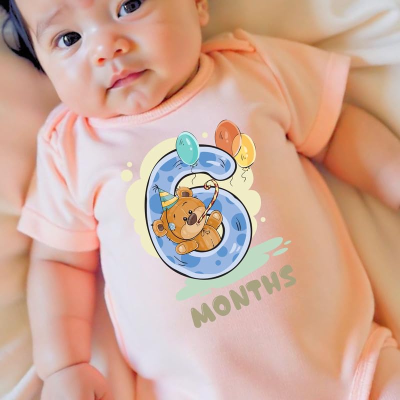 Image of Knitroot Monthly Birthday Teddy Special, Newborn Baby Half Sleeve Unisex Romper, Onesies, Sleepsuit, Body Suit, Envelope Neck, 1 to 12 Months Print, 0-12 Months, Infant Cloth for Boys & Girls