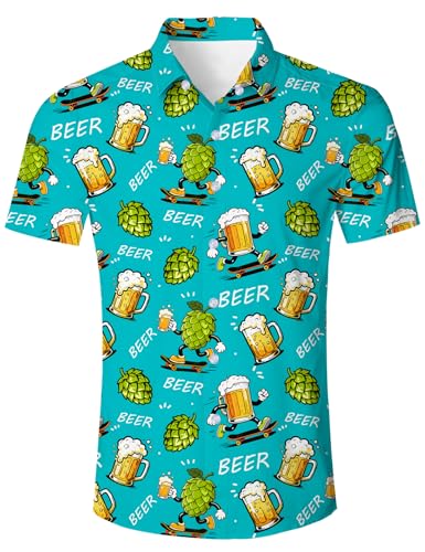 uideazone Funny Beer Hawaiian Shirt for Men Short Sleeve Button Up Shirt for Party and Vacation M