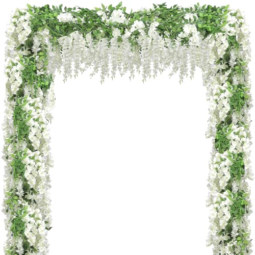 Wisteria Artificial Flower Garland 4PCS Wisteria Hanging Flowers for Wedding Decor Wedding Arch Flowers Flower Garland for Backdrop Fake Hanging Flowers Vines for Wedding Decor(Total 28.8FT-White)