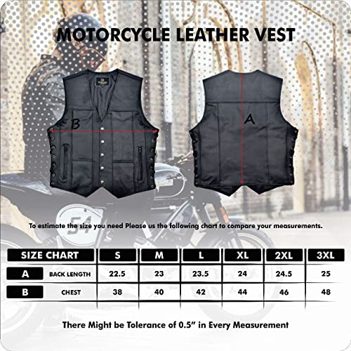 Touch&Torn Motorcycle Leather Vest For Men With Concealed Gun Pocket Adjustable Side Laces Biker Riding Leather Vest (As1, Alpha, X_L, Regular, Regular, Black) #TOP5