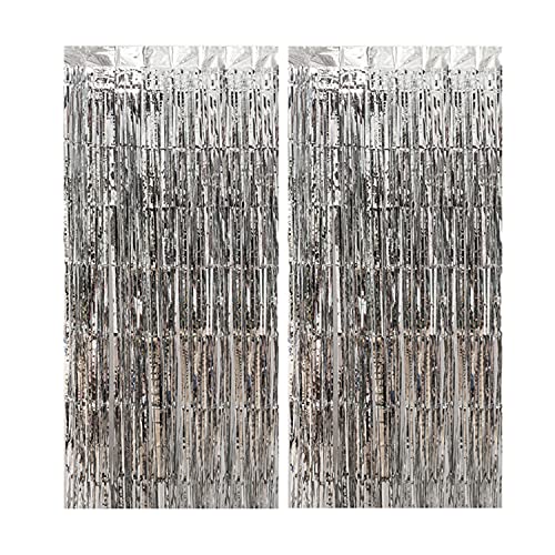 BEILAI 2 Pack 3.2 ft x 8.2 ft Foil Curtains Metallic Fringe Curtains Shimmer Tinsel Backdrop Curtain for Birthday Wedding Party Christmas Decorations (Shiny Silver)