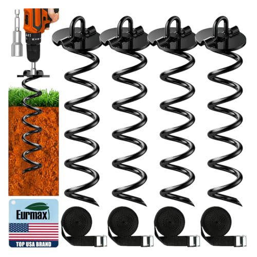 Image of Eurmax USA 4-Pack Spiral Ground Stakes,Anti-Rust High Wind Trampoline Stakes Anchors,Heavy Duty Screw-in Anchor Kit with Tie Down Straps for Dog Tie-Out,Trampoline,Tents,Tarps,Carports and More,Black