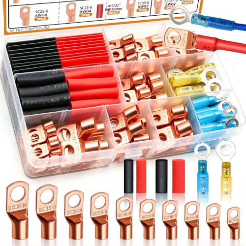 mankk 130PCS Copper Wire Lugs AWG 2 4 6 8 10 12 14 16 Gauge Battery Terminal Connectors Battery Cable Ends Connectors Copper Ring Terminal Kit with Heat Shrink