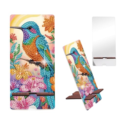 Image of Hummingbird Diamond Painting Phone Stand with Mirror, Floral DIY Wooden Diamond Art Desktop Holder, 2-in-1 Multi-Functional Diamond Painting Tabletop Ornament for Home and Office