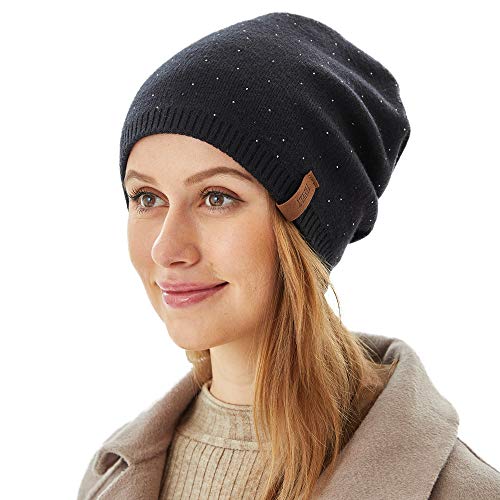 Fenely Winter Women Knitted Beanie Hats Outdoor Rhinestones Cozy Warm Soft Fashion Black Caps #TOP15