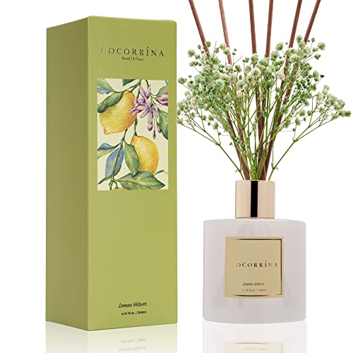 CocorrÃ­na Premium Reed Diffuser Set with Preserved Baby's Breath & Cotton Stick Lemon Vetiver | 6.7oz Scent Fragrance Oil Diffuser for Bedroom Bathroom Living Room Home DÃ©cor