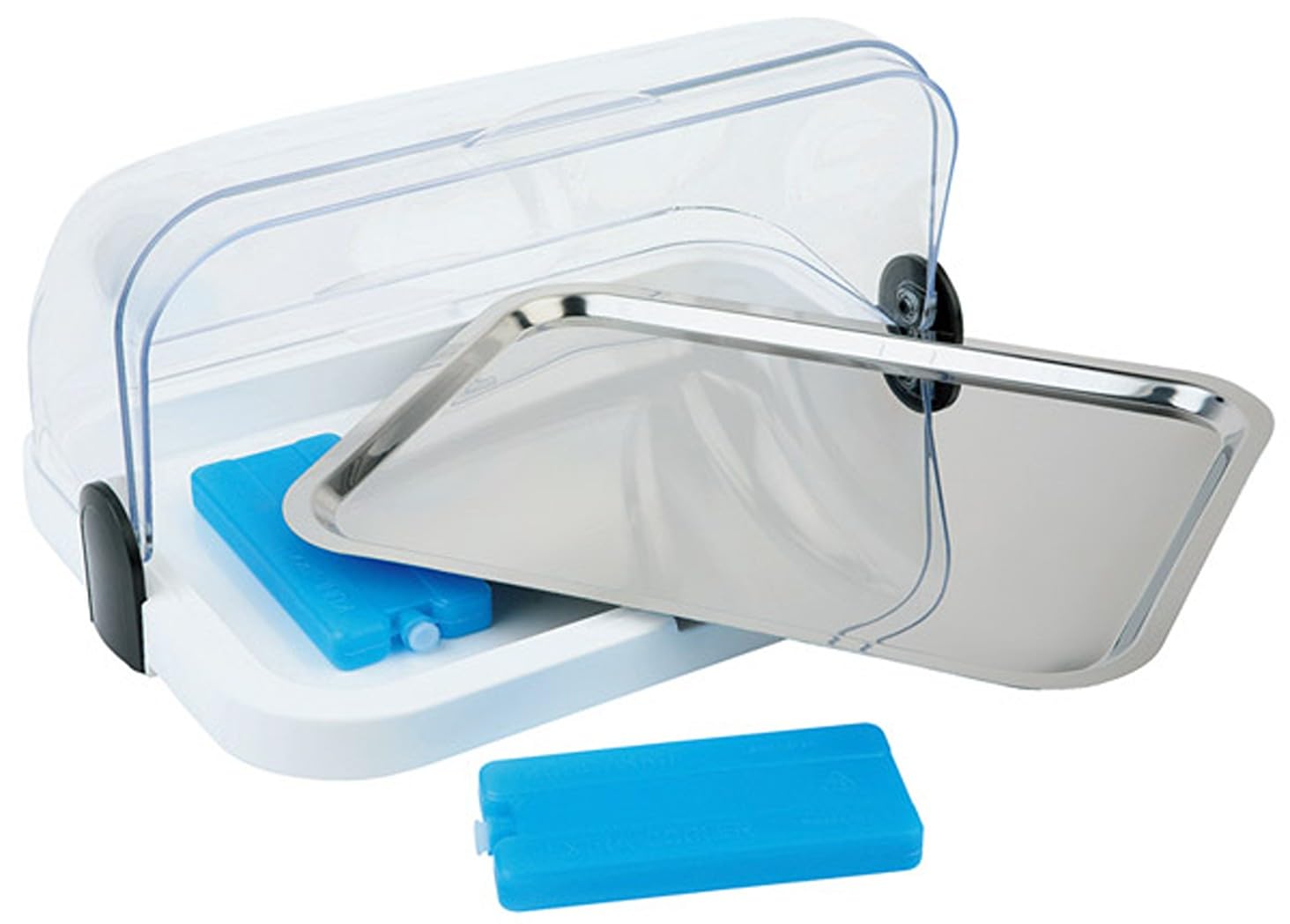 APS Vetrina per buffet, coperchio trasparente apribile su entrambi i lati, una ciotola, un vassoio in acciaio inox e due batterie refrigeranti – Made in Germany